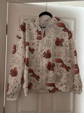 White Hoodie Jacket with Brown Squirrel Print